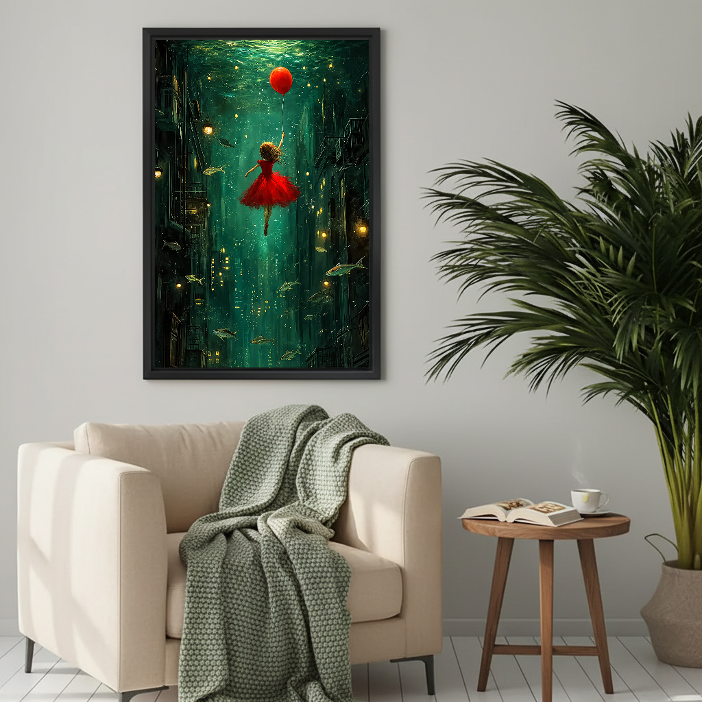 Red Balloon Girl Canvas Wall Art framed beside a cream armchair with a green knitted throw.