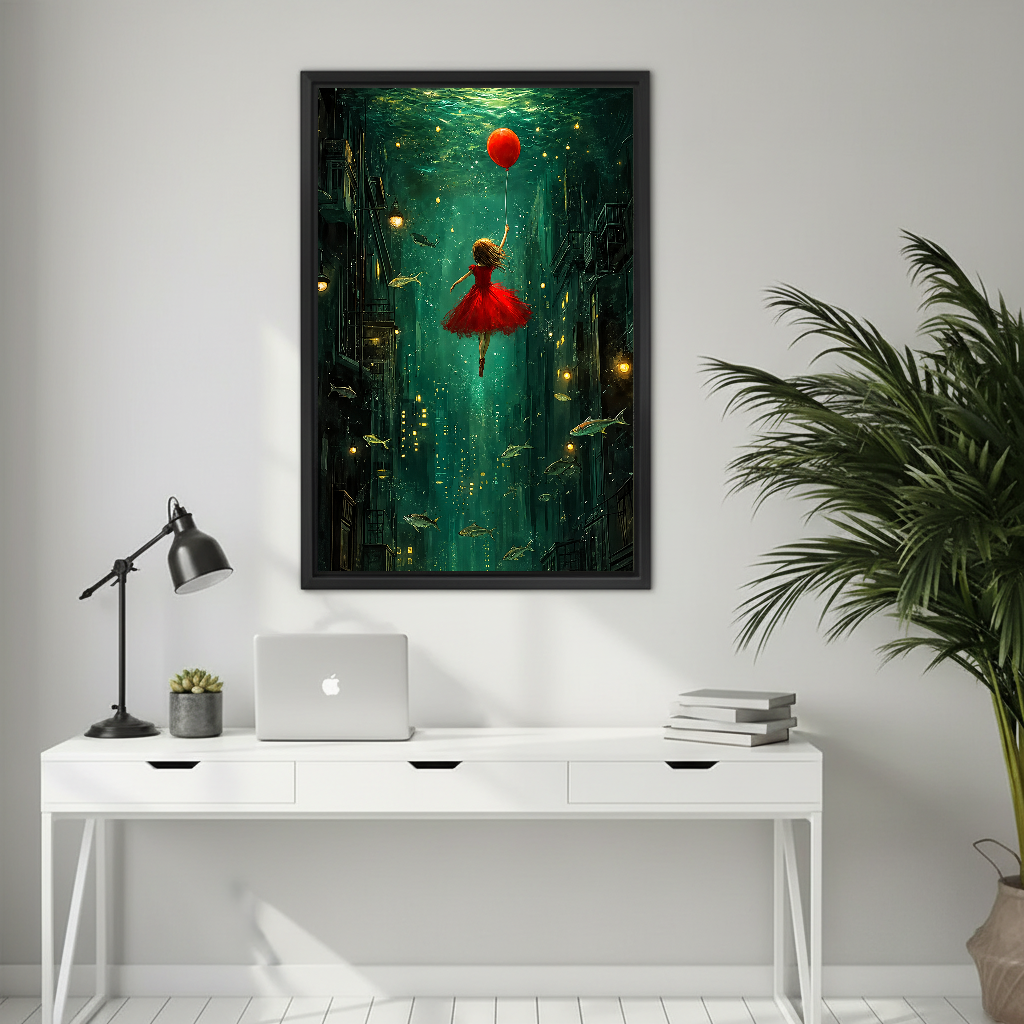 Red Balloon Girl Canvas Wall Art framed above a white desk with laptop and black lamp.