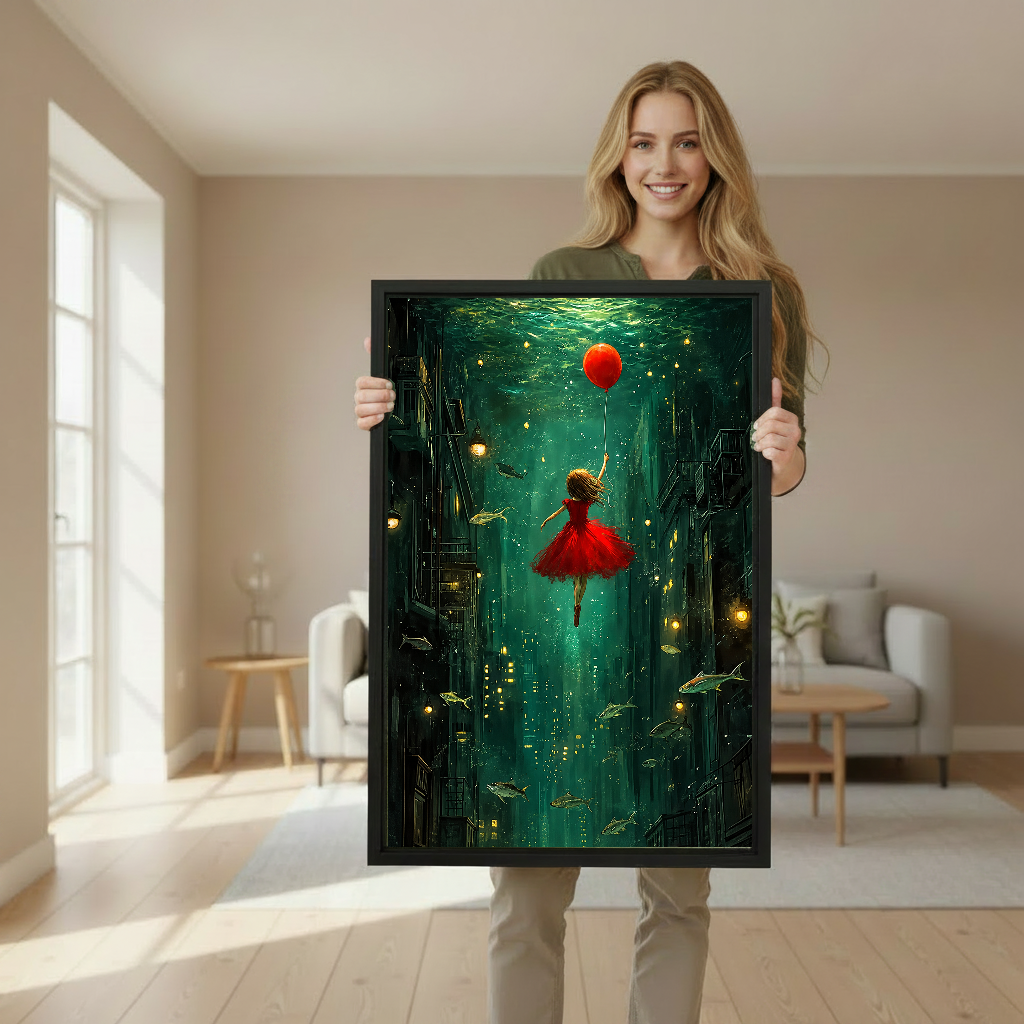Red Balloon Girl Canvas Wall Art held in a black frame by a woman in a neutral room.