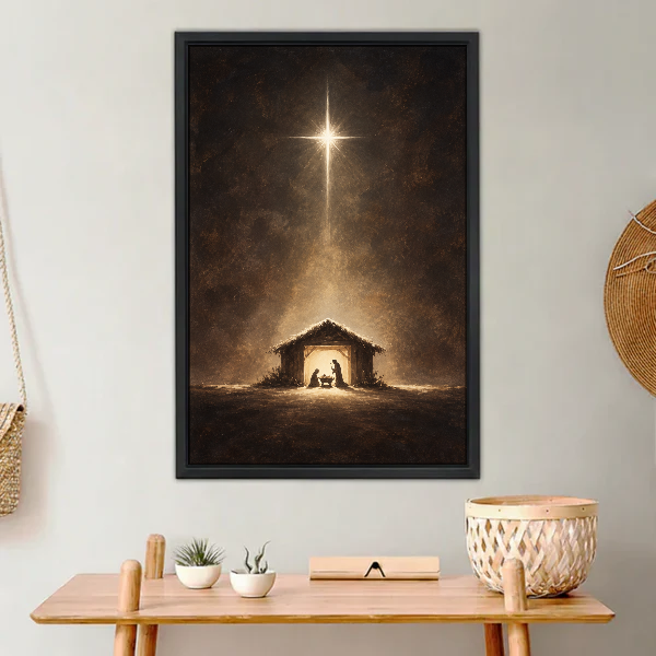 Starlit Nativity Canvas Wall Art framed above a light wood console with cacti.