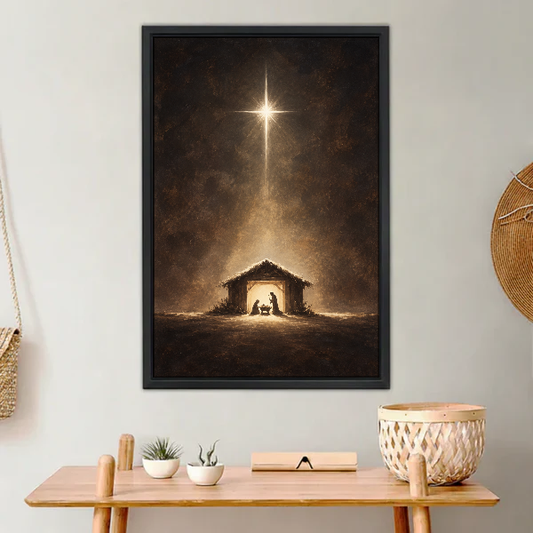 Starlit Nativity Canvas Wall Art framed above a light wood console with cacti.