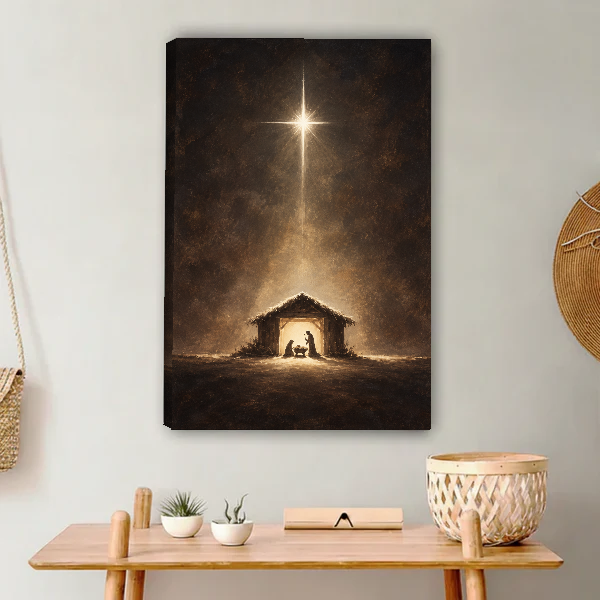 Starlit Nativity Canvas Wall Art unframed above a light wood console and woven basket.
