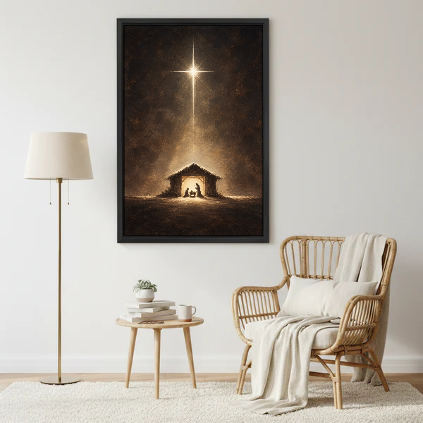 Starlit Nativity Canvas Wall Art framed beside a wicker armchair with floor lamp.