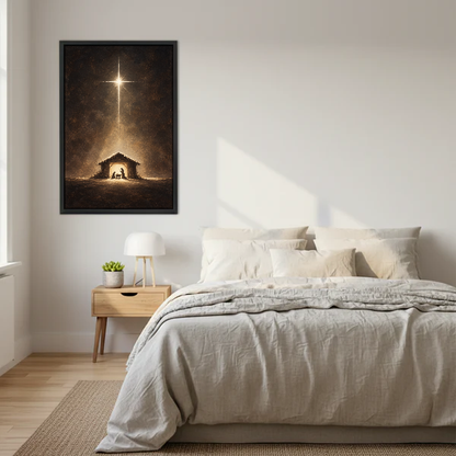 Starlit Nativity Canvas Wall Art framed above a cream bed with wooden nightstands.