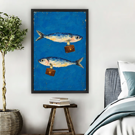 Business Fish Canvas Wall Art framed beside a blue bed with books and leafy plant.
