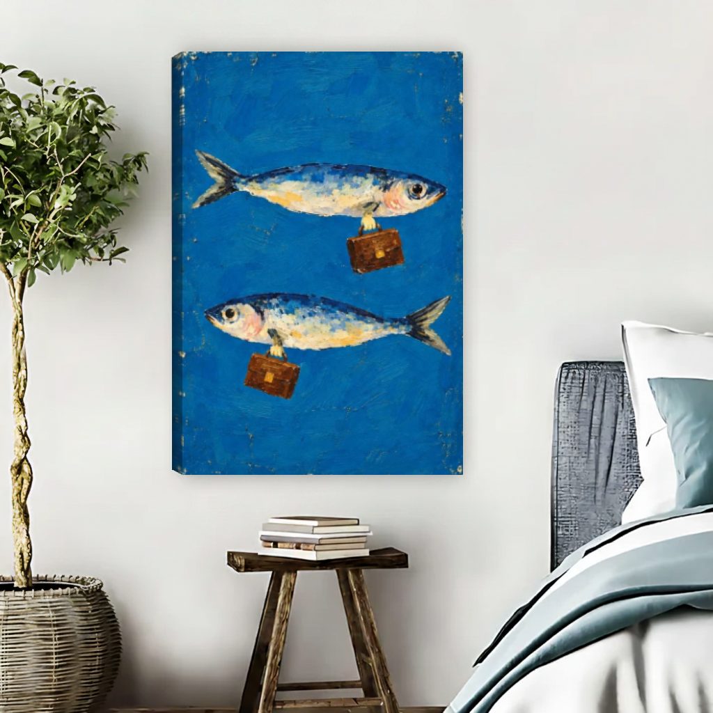 Business Fish Canvas Wall Art unframed beside a blue bed and wooden book stool.
