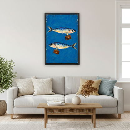 Business Fish Canvas Wall Art framed above a pale gray sofa and wood coffee table.