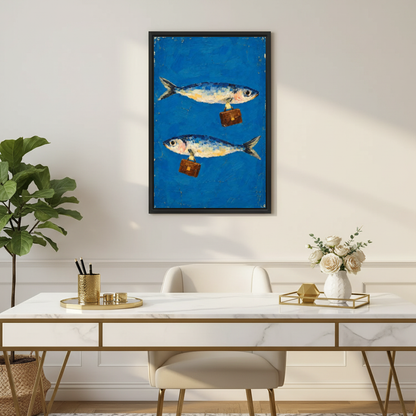 Business Fish Canvas Wall Art framed above a white desk with flowers and gold accents.