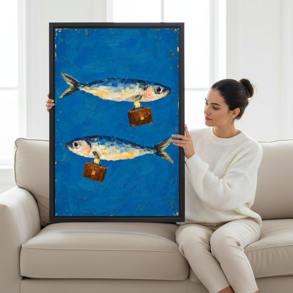 Business Fish Canvas Wall Art held in a black frame by a woman seated on a pale sofa.