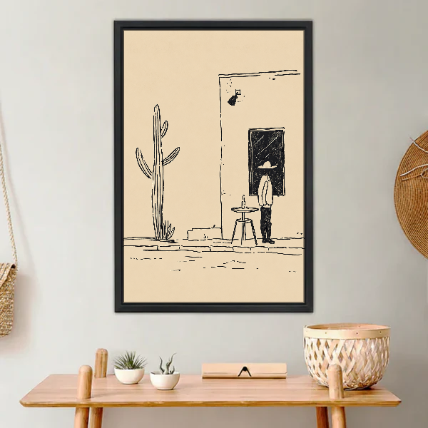 Desert Cafe Sketch Canvas Wall Art framed above a light wood console with cacti.