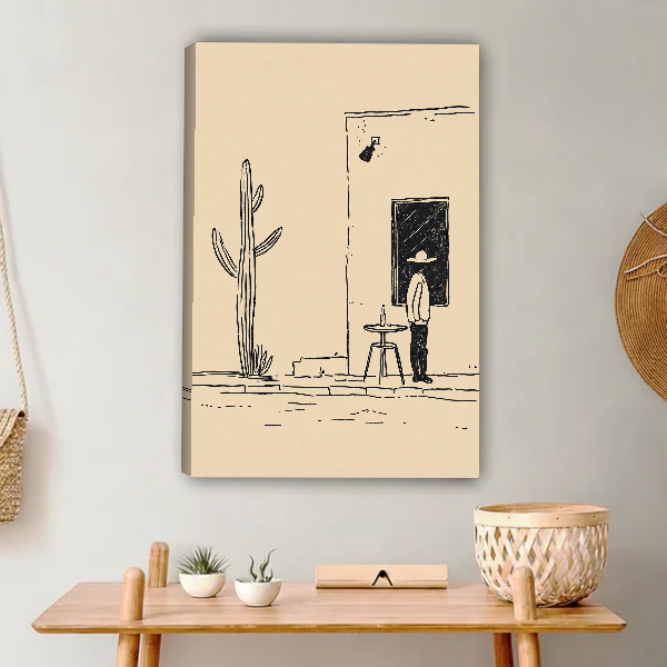 Desert Cafe Sketch Canvas Wall Art unframed above a light wood console and woven basket.