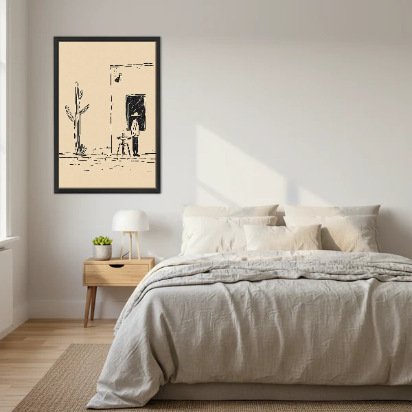 Desert Cafe Sketch Canvas Wall Art framed above a cream bed with wooden nightstands.