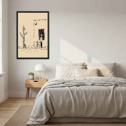 Desert Cafe Sketch Canvas Wall Art framed above a cream bed with wooden nightstands.