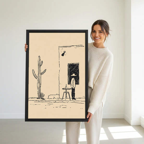 Desert Cafe Sketch Canvas Wall Art held in a black frame by a standing woman in white.