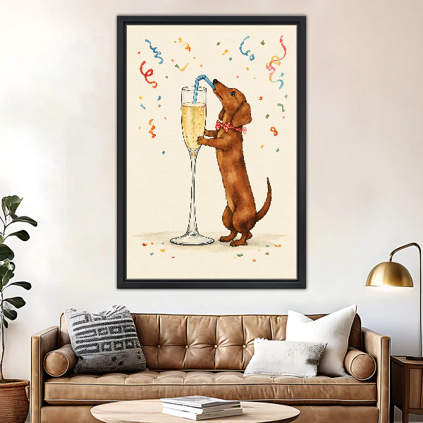 Celebrating Dachshund Canvas Wall Art framed above a brown leather sofa with brass lamp.