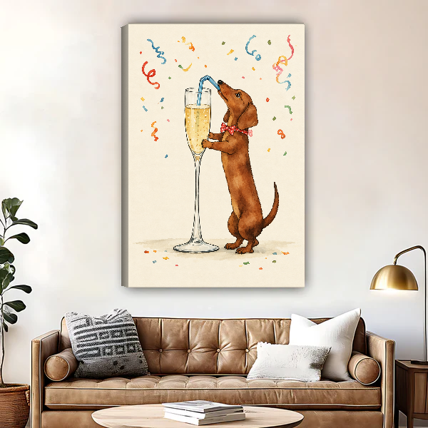 Celebrating Dachshund Canvas Wall Art unframed above a brown leather sofa and coffee table.