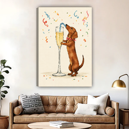 Celebrating Dachshund Canvas Wall Art unframed above a brown leather sofa and coffee table.