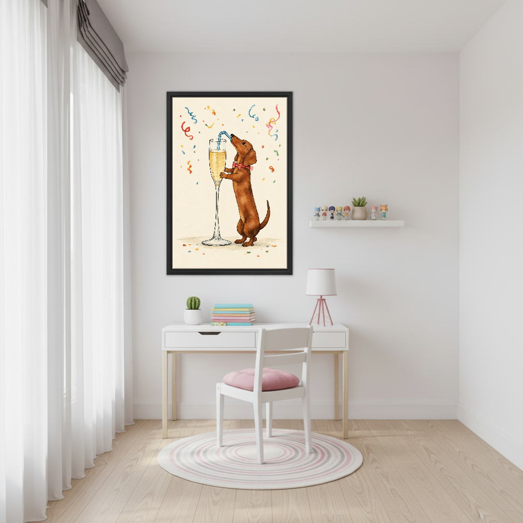 Celebrating Dachshund Canvas Wall Art framed above a white study desk with pink chair.