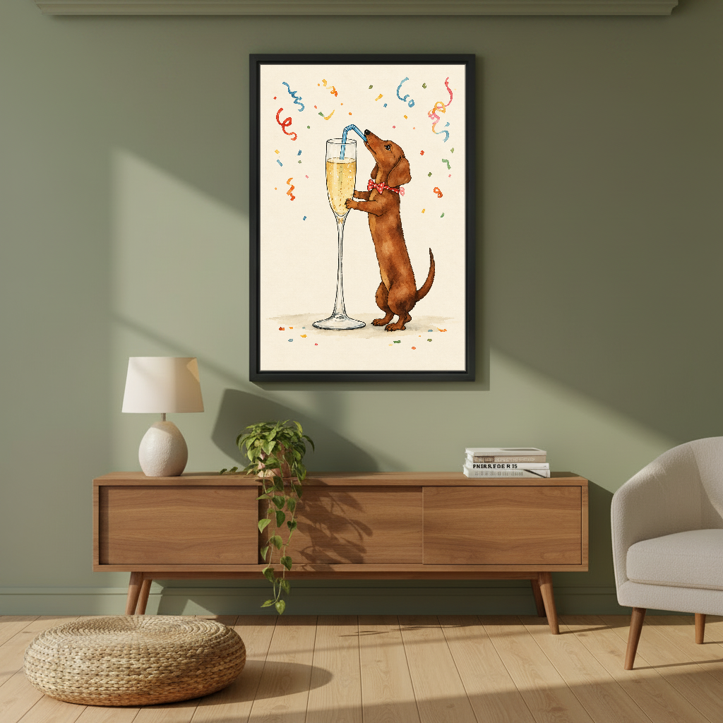 Celebrating Dachshund Canvas Wall Art framed above a wood console against an olive wall.
