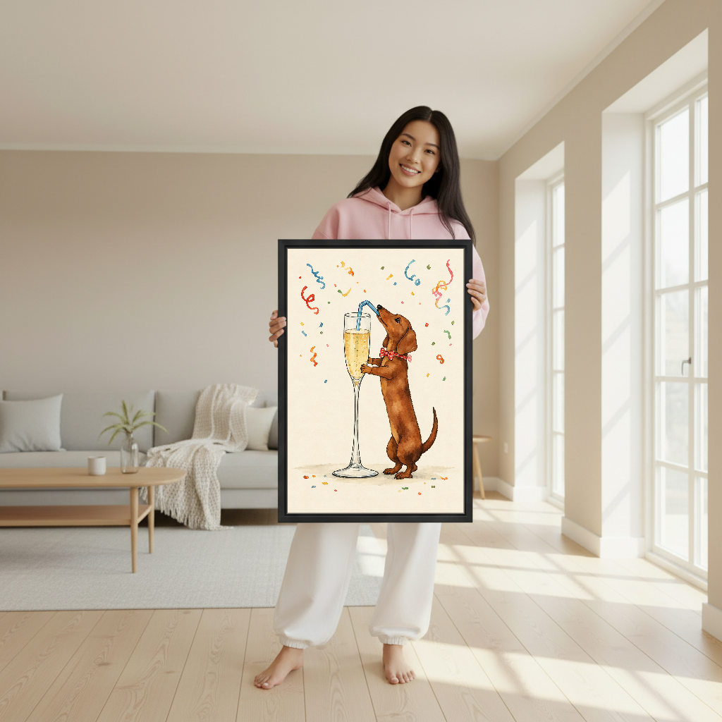Celebrating Dachshund Canvas Wall Art held in a black frame by a woman wearing pink.