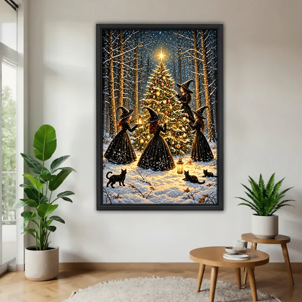 Witch Christmas Tree Canvas Wall Art framed above a warm wood table with leafy plants.