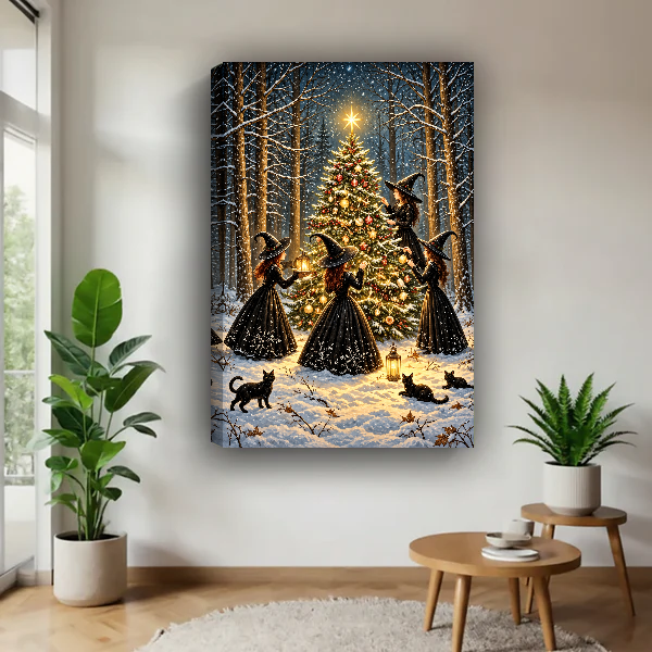 Witch Christmas Tree Canvas Wall Art unframed above a wood table with green plants.
