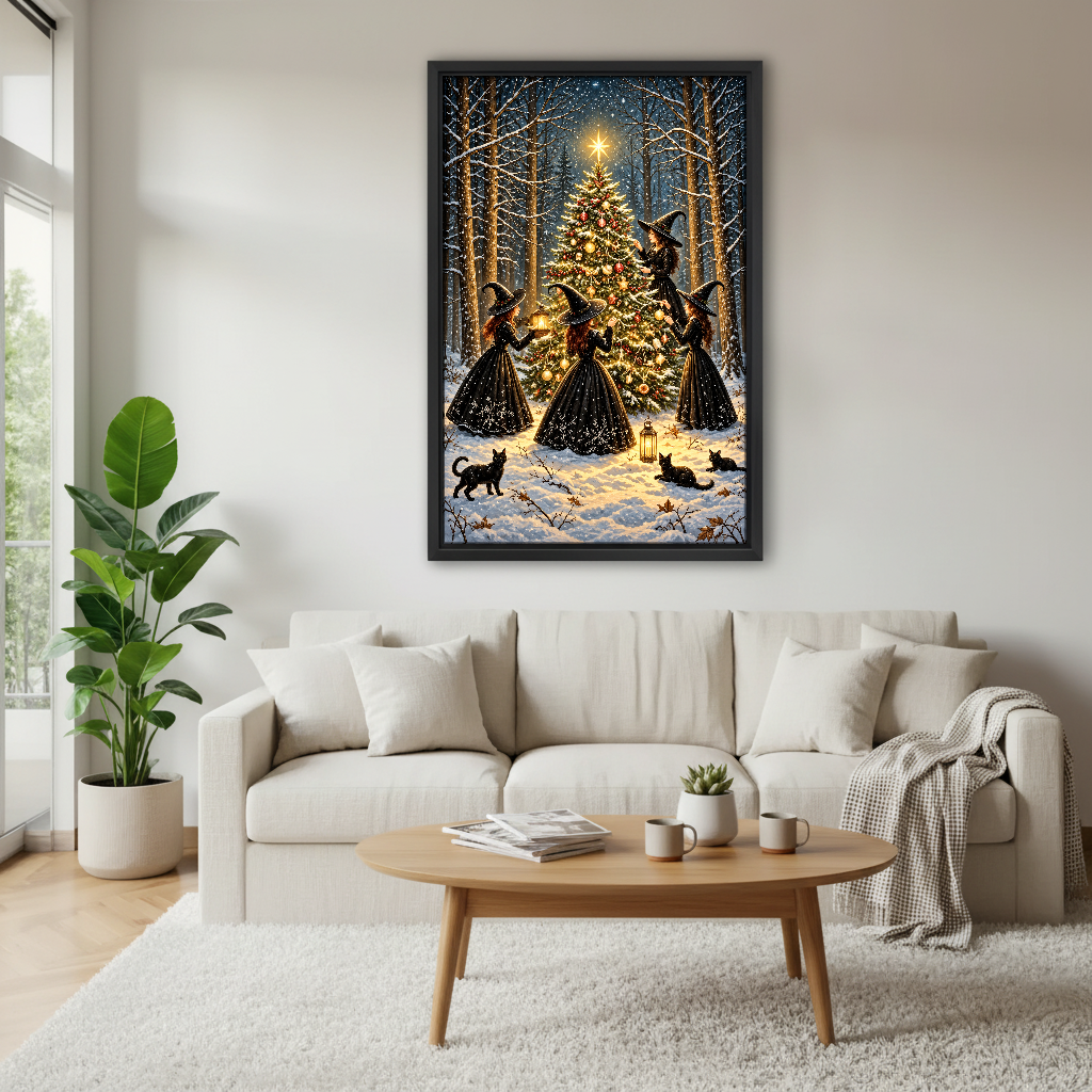 Witch Christmas Tree Canvas Wall Art framed above a white sofa and round coffee table.