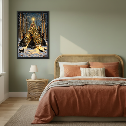 Witch Christmas Tree Canvas Wall Art framed above a copper bed against a muted green wall.