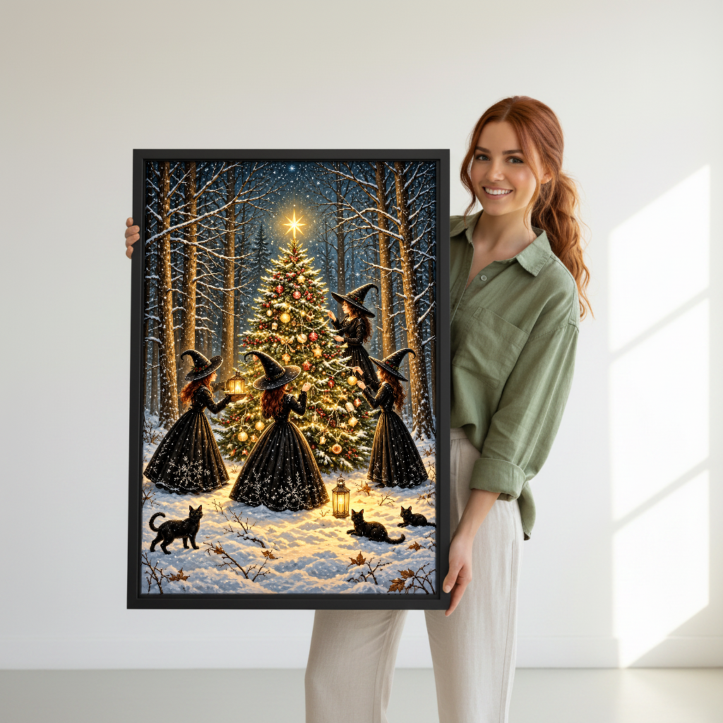 Witch Christmas Tree Canvas Wall Art held in a black frame by a standing woman in green.