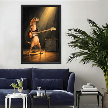 Rockstar Dachshund Canvas Wall Art framed above a navy sofa beside a leafy palm.