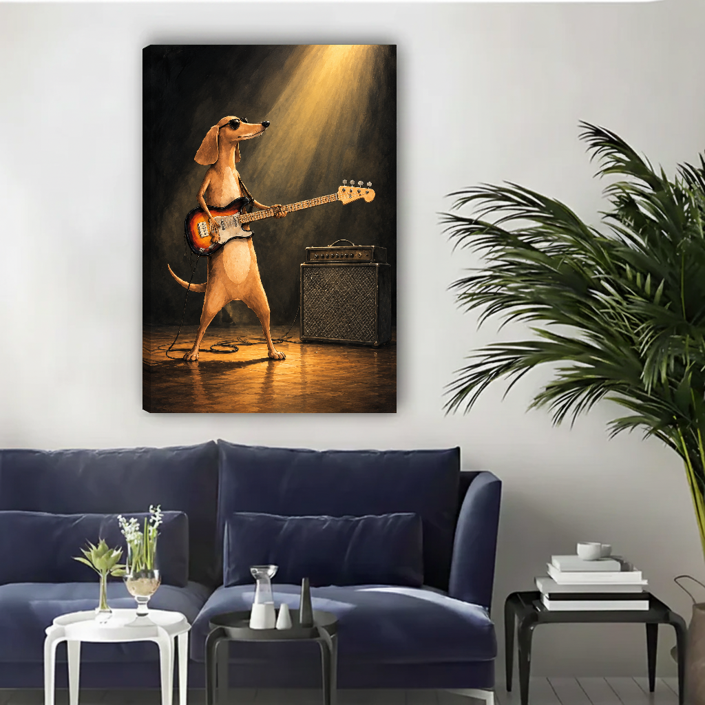 Rockstar Dachshund Canvas Wall Art unframed above a navy sofa with light wall and palm.