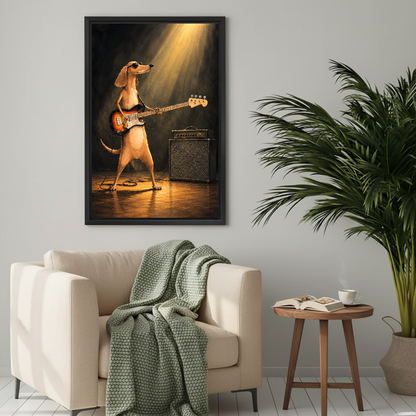 Rockstar Dachshund Canvas Wall Art framed beside a cream armchair with a green knitted throw.