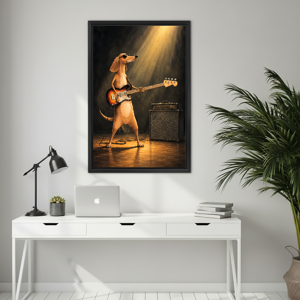 Rockstar Dachshund Canvas Wall Art framed above a white desk with laptop and black lamp.
