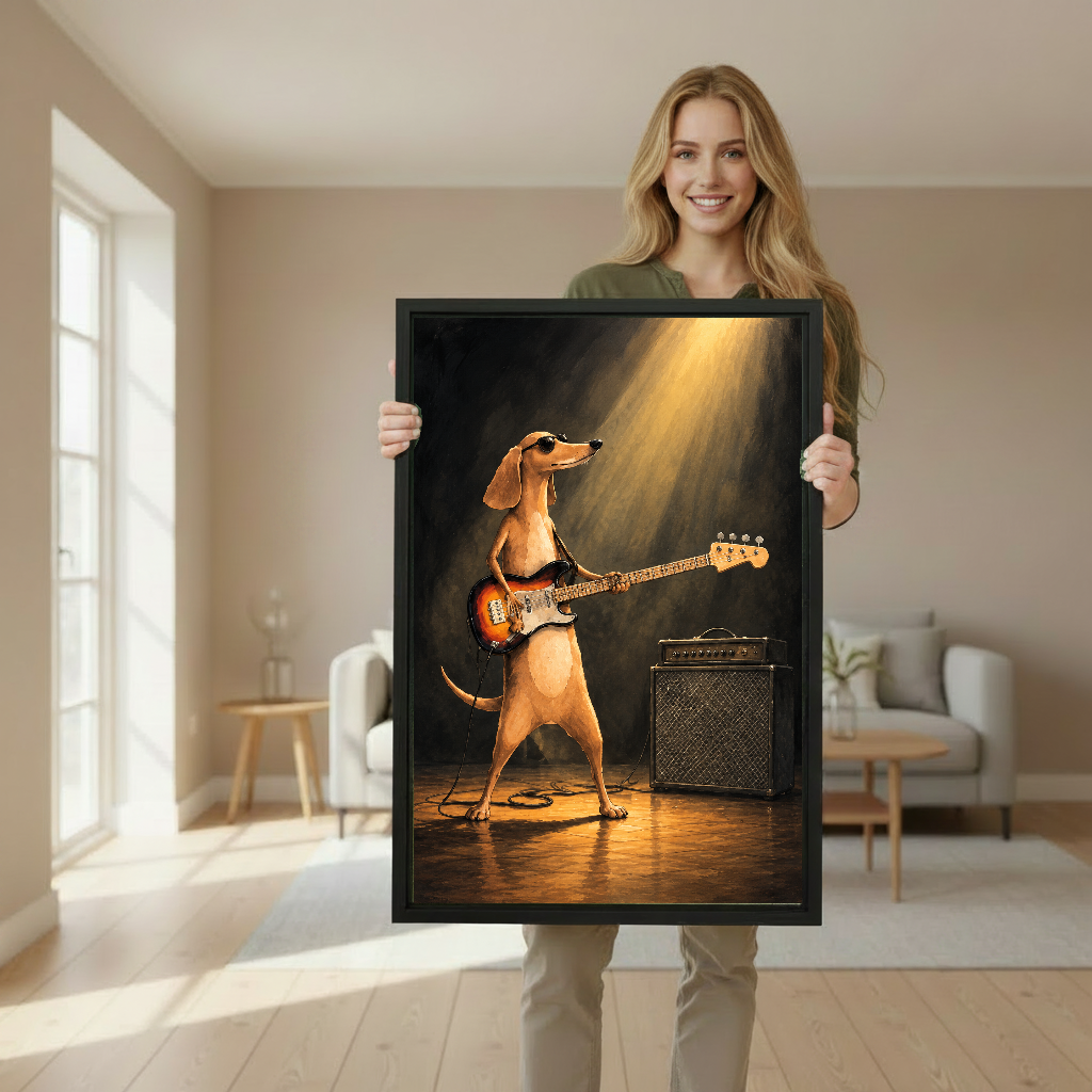 Rockstar Dachshund Canvas Wall Art held in a black frame by a woman in a neutral room.