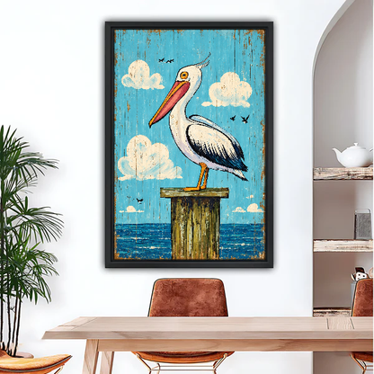 Coastal Pelican Canvas Wall Art framed above a wooden desk beside a leafy plant.