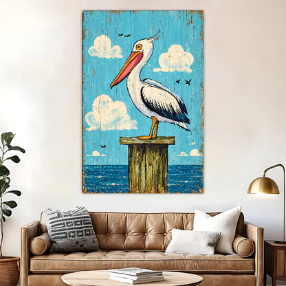 Coastal Pelican Canvas Wall Art unframed above a brown leather sofa and coffee table.