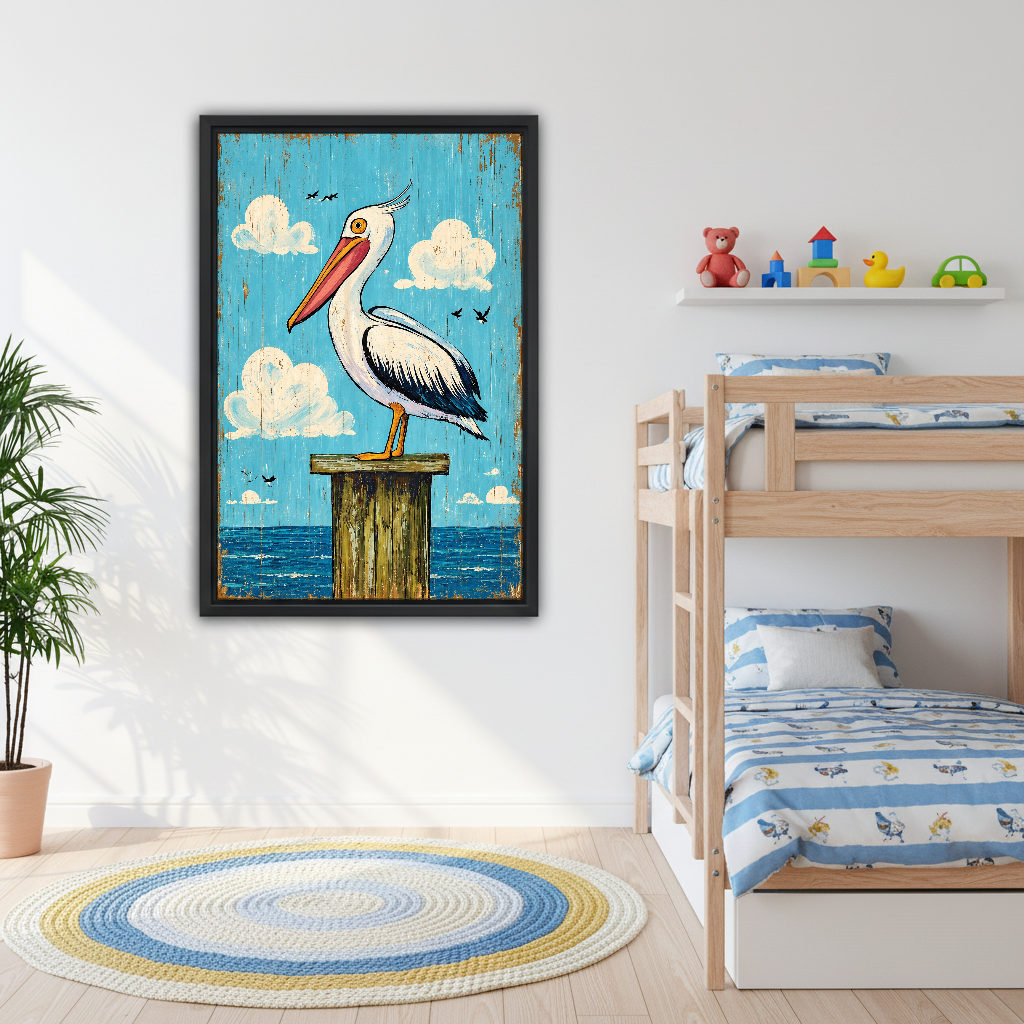 Coastal Pelican Canvas Wall Art framed in a children room above wooden bunk beds.