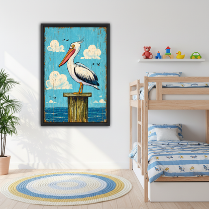 Coastal Pelican Canvas Wall Art framed in a children room above wooden bunk beds.