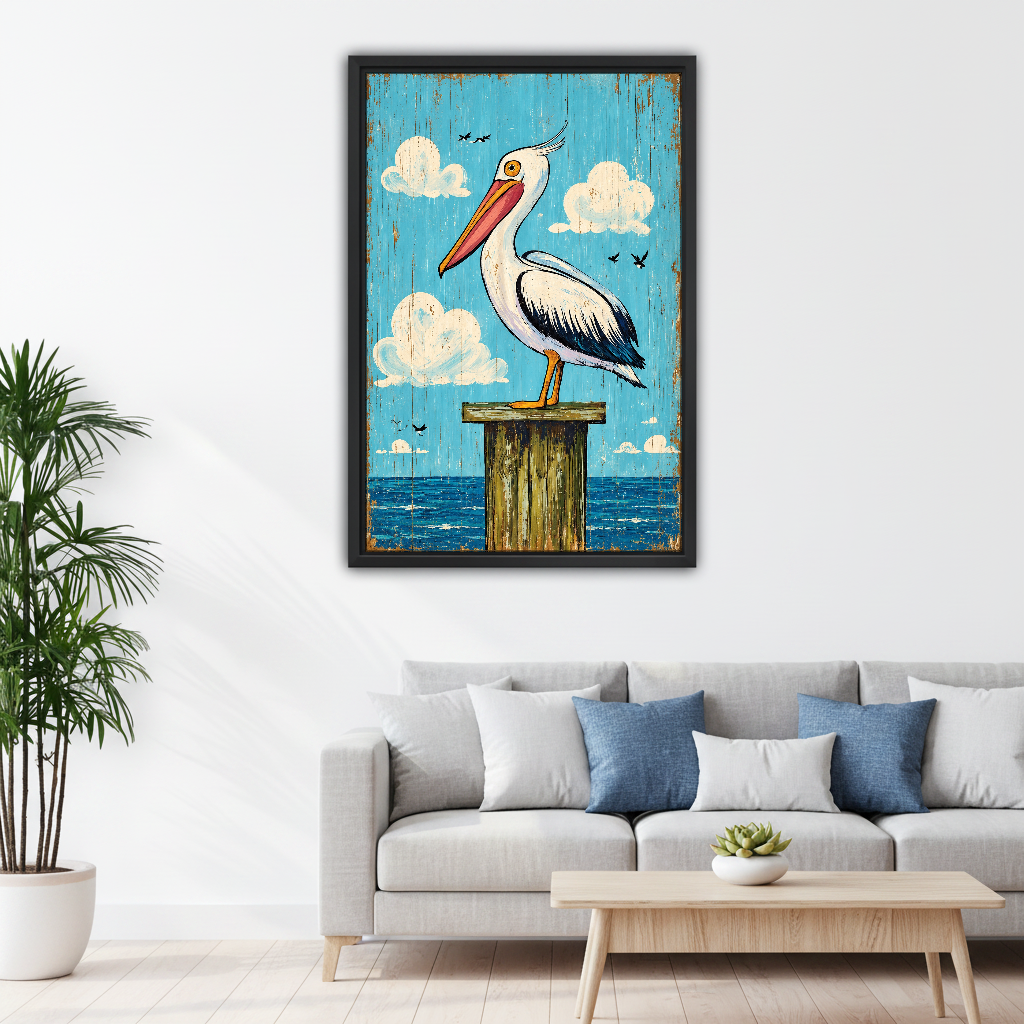 Coastal Pelican Canvas Wall Art framed above a white sofa with blue cushions.