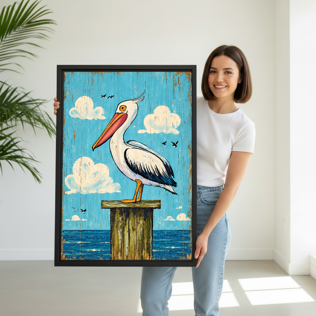 Coastal Pelican Canvas Wall Art held by a woman in white beside a palm.