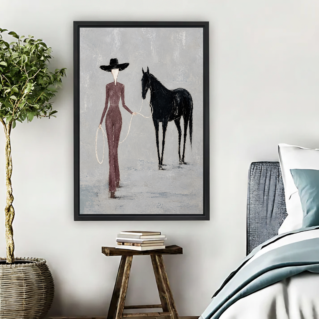 Elegant Woman Horse Canvas Wall Art framed beside a blue bed with books and leafy plant.