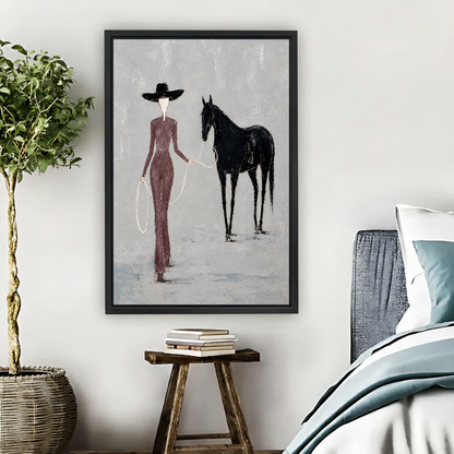 Elegant Woman Horse Canvas Wall Art framed beside a blue bed with books and leafy plant.