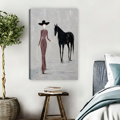Elegant Woman Horse Canvas Wall Art unframed beside a blue bed and wooden book stool.
