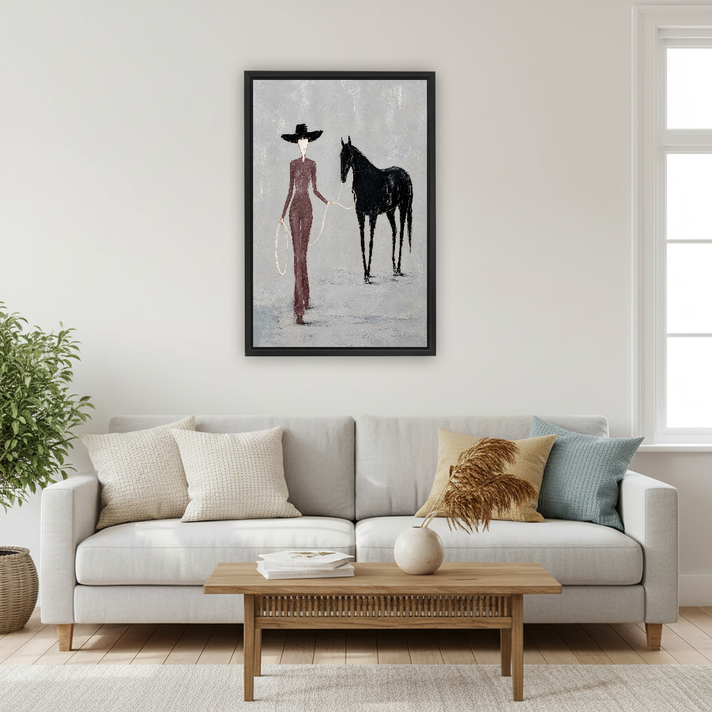 Elegant Woman Horse Canvas Wall Art framed above a pale gray sofa and wood coffee table.