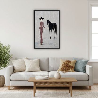 Elegant Woman Horse Canvas Wall Art framed above a pale gray sofa and wood coffee table.