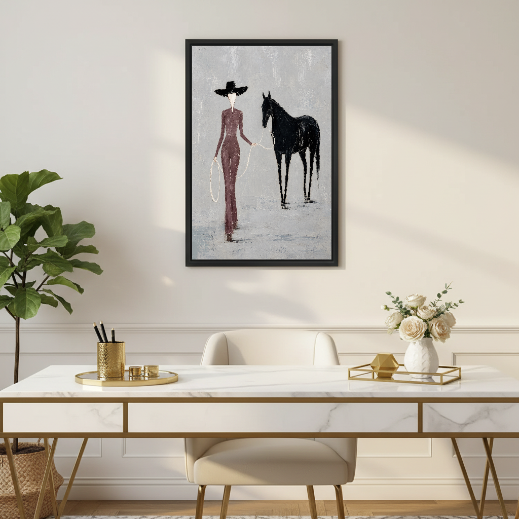 Elegant Woman Horse Canvas Wall Art framed above a white desk with flowers and gold accents.