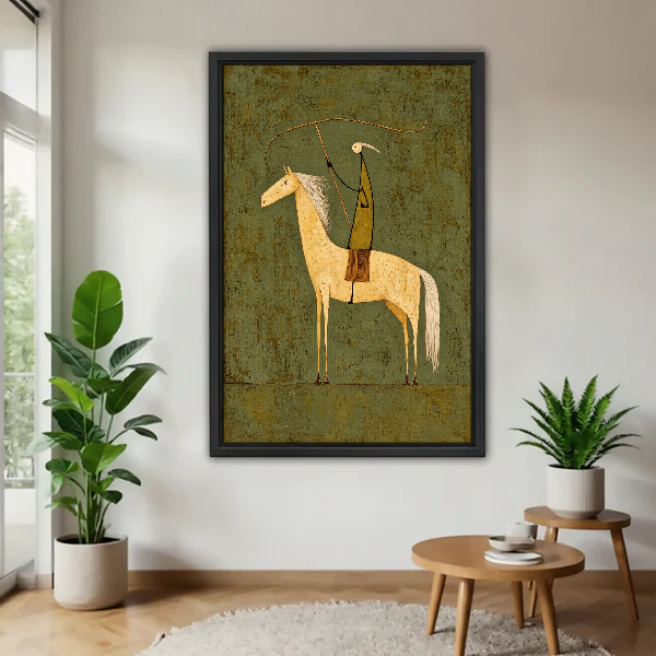 Olive Folk Rider Canvas Wall Art framed above a warm wood table with leafy plants.
