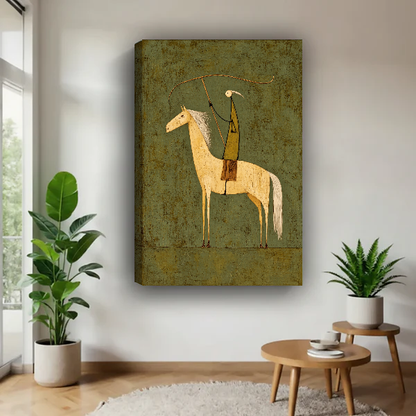 Olive Folk Rider Canvas Wall Art unframed above a wood table with green plants.