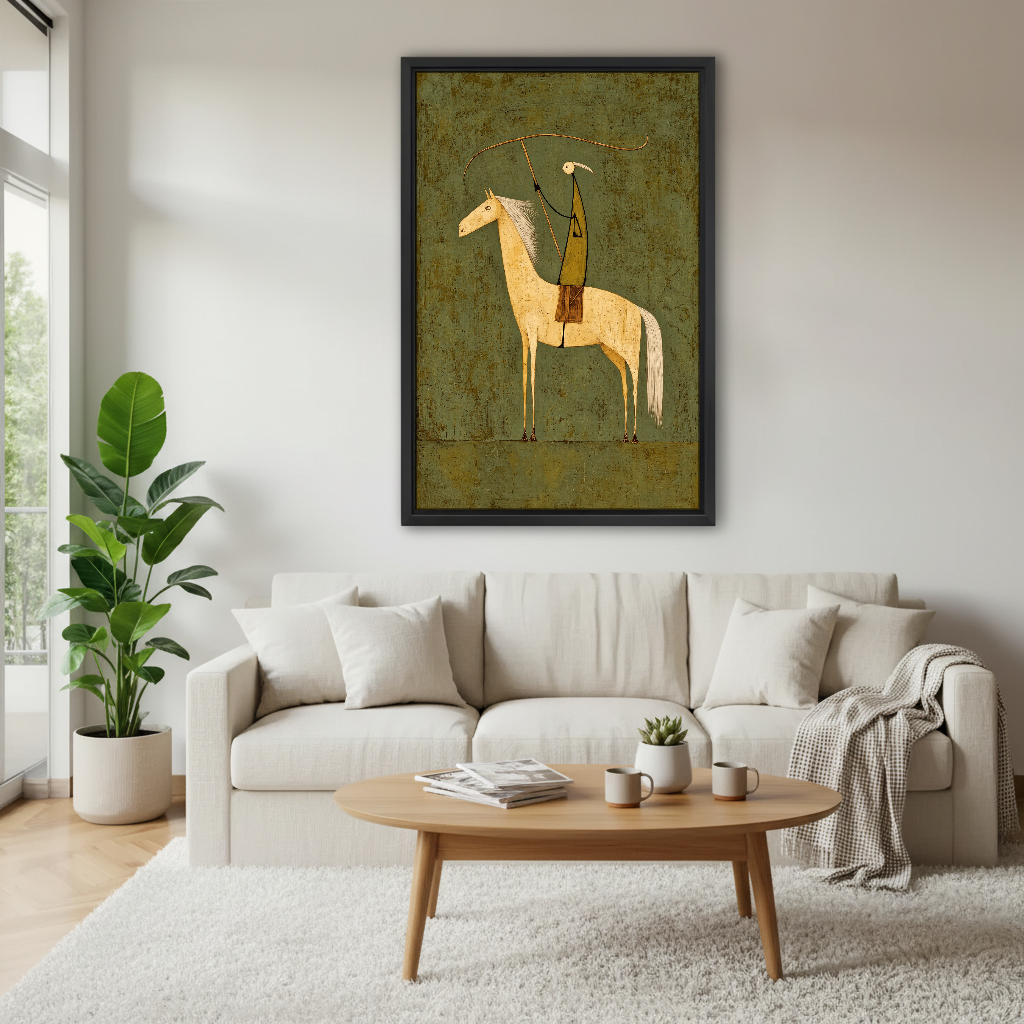 Olive Folk Rider Canvas Wall Art framed above a white sofa and round coffee table.
