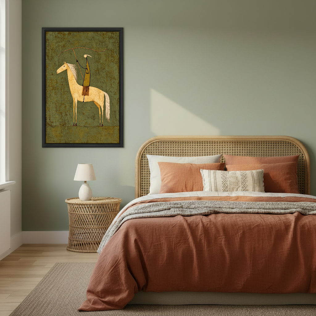 Olive Folk Rider Canvas Wall Art framed above a copper bed against a muted green wall.